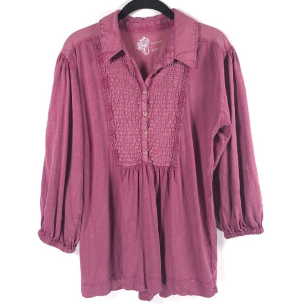 Anthropologie PILCRO Pintuck Distressed Strawberry Peasant Top Cotton‎ SMALL